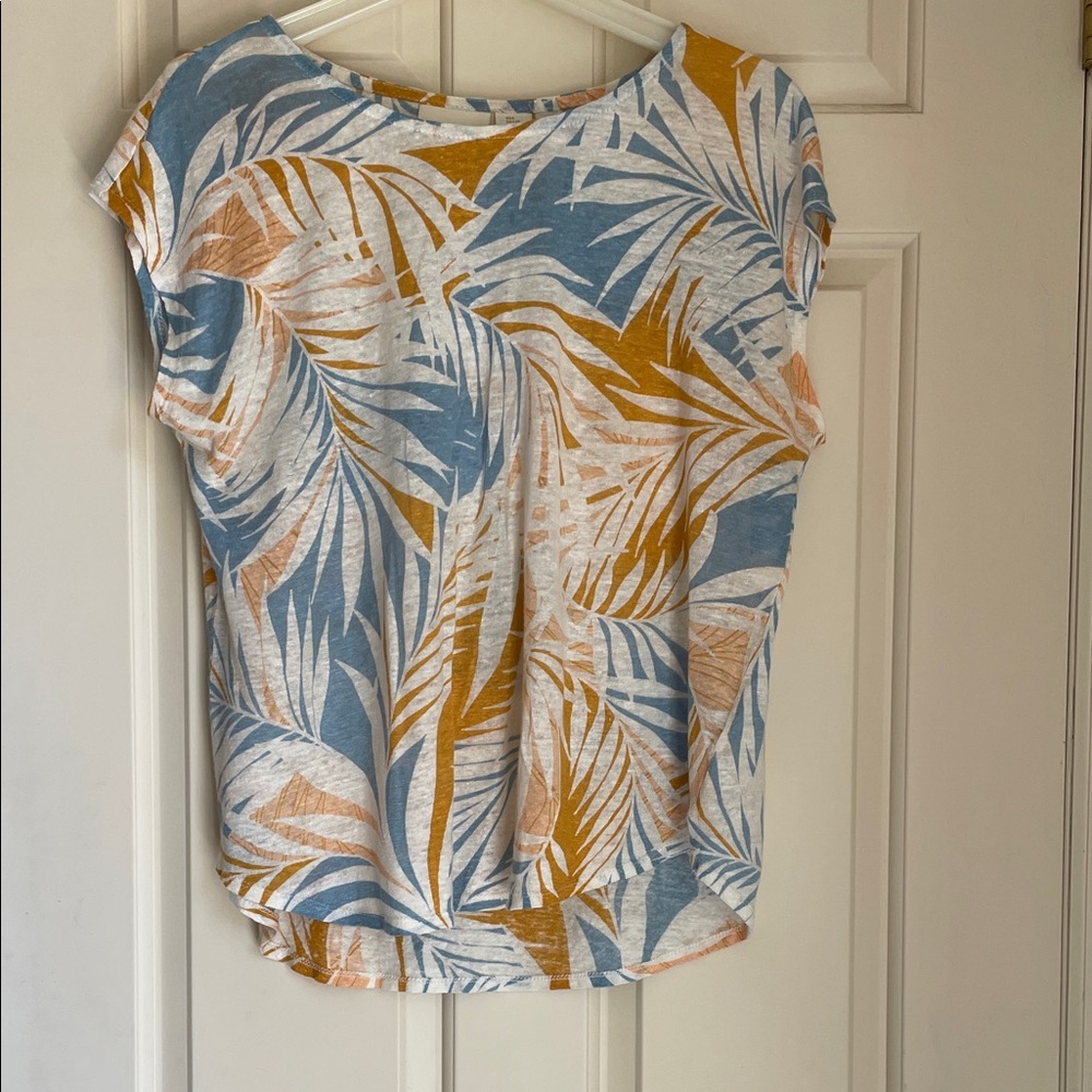 Cynthia Rowley Casual Tropical Leaf Print Short-Sleeve Top in Blue & Rust